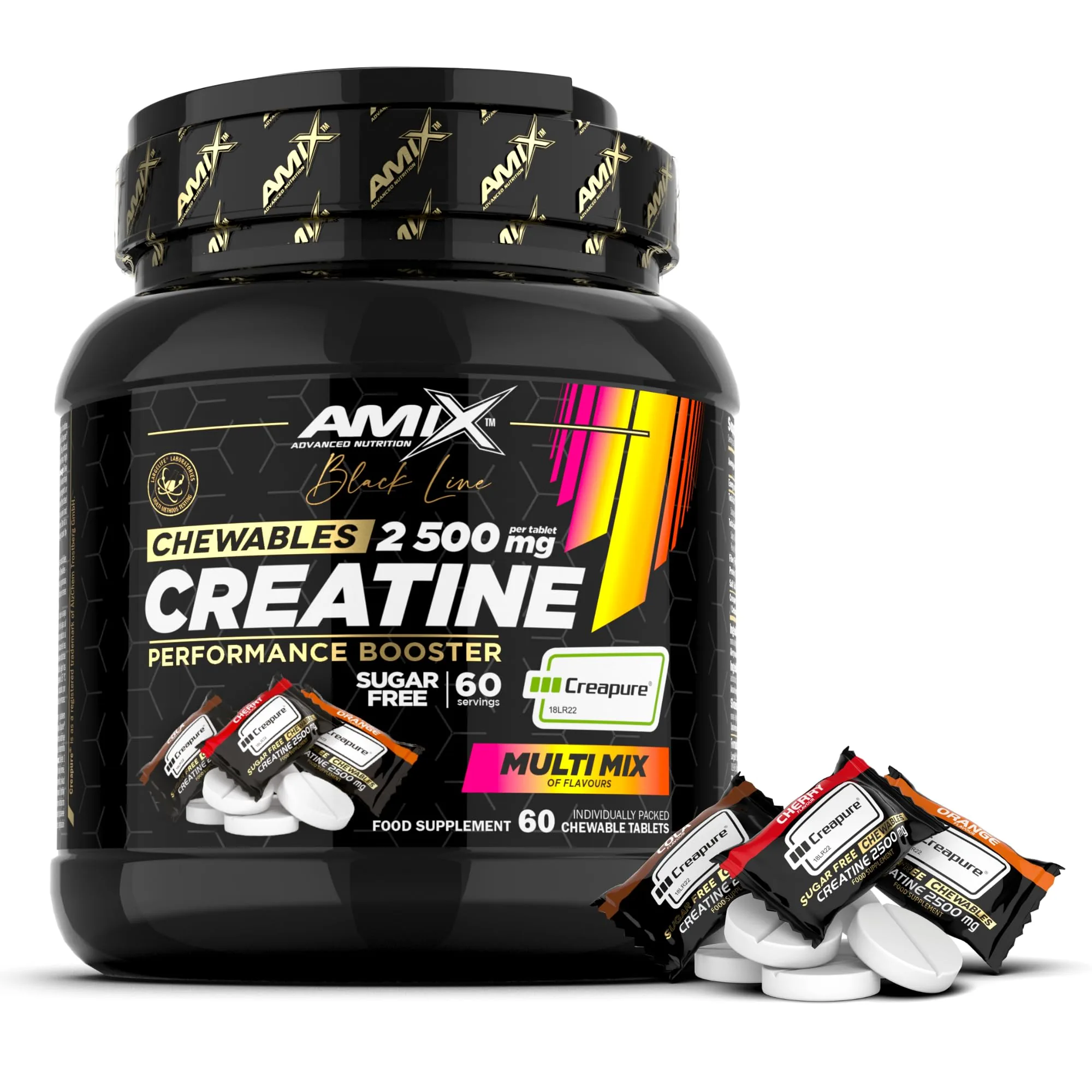 Amix Black Line Creatine 2500 mg Chewables - Creatina Monohidrato Creapure Masticable - 60 Comprimidos