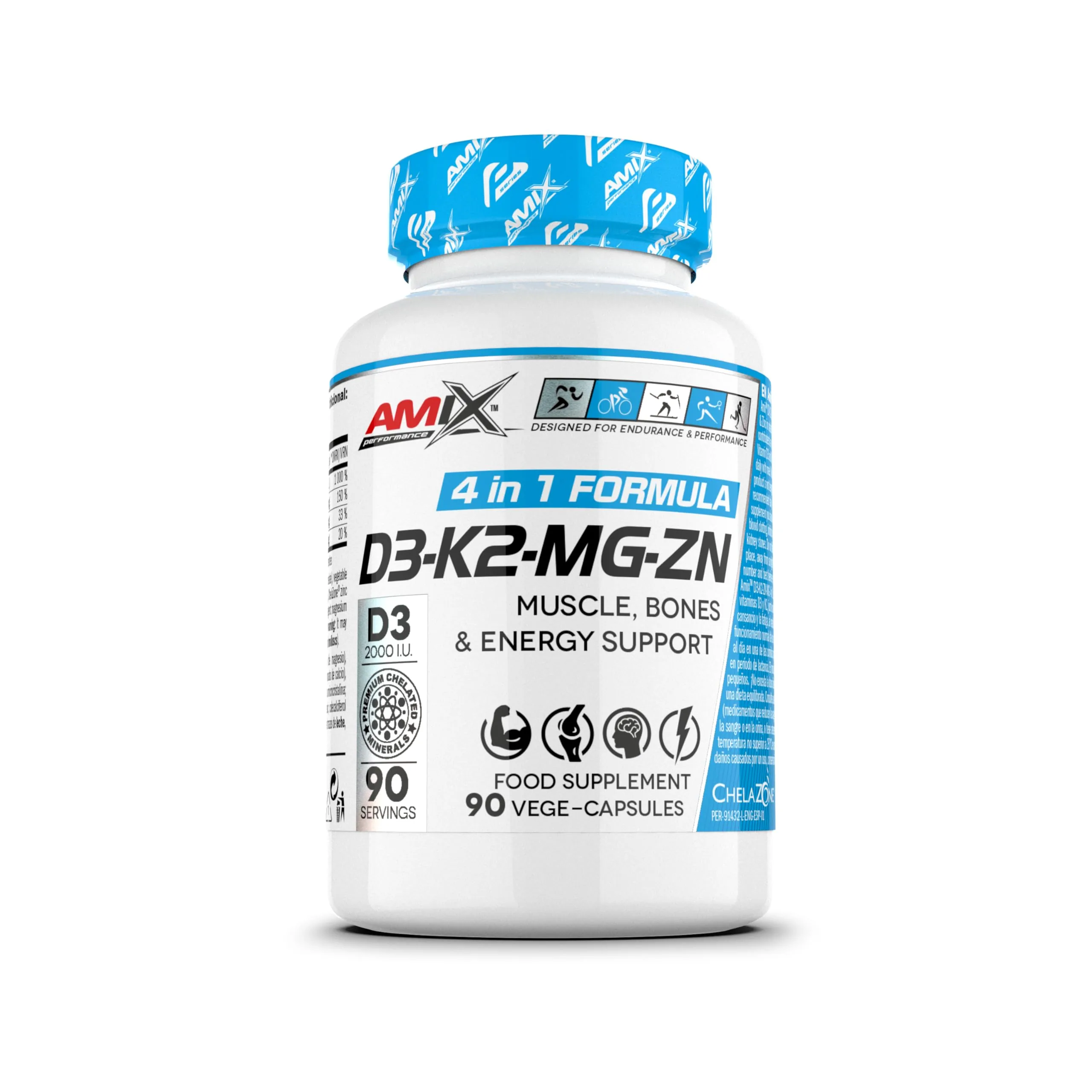 Amix Performance D3-K2-MG-ZN - Vitamina D3, K2, Magnesio y Zinc Quelado - 90 Cápsulas